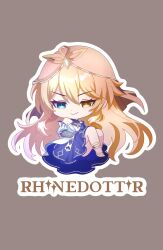 1girl blonde_hair character_name chibi commentary dress english_commentary english_text full_body genshin_impact gradient_hair hair_between_eyes heterochromia highres hood long_hair long_sleeves multicolored_hair outline pearlgodaymen rhinedottir_(genshin_impact) simple_background smile solo symbol-shaped_pupils veil white_outline white_veil yellow_eyes