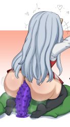 1girl anal anal_object_insertion ass anal_fluid blackwhiplash blush boku_no_hero_academia bumpy_dildo dildo dildo_riding eri_(boku_no_hero_academia) female_focus female_masturbation heart highres horn huge_ass kyojiri_loli large_insertion loli long_hair long_sleeves masturbation motion_lines no_panties object_insertion pillow sex_toy sitting skirt solo spiked_dildo stealth_masturbation steam thick_thighs thighhighs thighs white_hair wide_hips