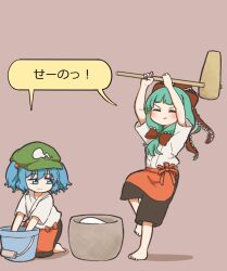 2girls arms_up barefoot blue_eyes blue_hair blunt_bangs blush bucket chibi closed_eyes closed_mouth commentary_request full_body green_hair hair_bobbles hair_ornament hat kagiyama_hina kawashiro_nitori kine kneeling kyuukei_usagi looking_to_the_side mallet medium_hair mochitsuki multiple_girls purple_background shadow simple_background speech_bubble standing standing_on_one_leg toes touhou translated v-shaped_eyebrows