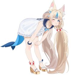 1girl absurdres ahoge animal_ear_fluff animal_ears bare_arms blonde_hair blue_bow blue_eyes blue_hair blue_nails blue_neckerchief blue_streaks bow buttons cat_ears closed_mouth collarbone commentary dress english_commentary fins fish_girl fish_tail full_body hands_on_own_knees high_heel_sandals high_heels highres indie_virtual_youtuber k_nnyco leaning_forward lifebuoy_hair_ornament long_hair looking_at_viewer low_twintails multicolored_hair nail_polish neckerchief one_eye_closed one_side_up pout ribbon sailor_collar sameko_saba sandals scrunchie simple_background solo standing streaked_hair tail toenail_polish toenails twintails very_long_hair virtual_youtuber white_background white_dress wrist_scrunchie