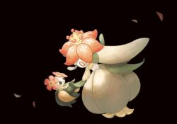 bellossom black_background black_eyes bright_pupils closed_mouth colored_skin commentary crown fireblast gen_2_pokemon gen_5_pokemon green_hair highres lilligant nintendo no_humans pokemon pokemon_(creature) red_eyes simple_background smile white_skin