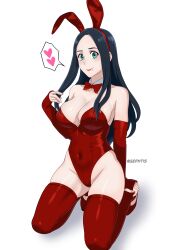 1girl absurdres animal_ear_hairband animal_ears black_hair blue_eyes boku_no_hero_academia bow bowtie breasts commentary detached_collar fake_animal_ears hairband heart highleg highleg_leotard highres large_breasts leotard long_hair looking_at_viewer mole mole_under_mouth playboy_bunny rabbit_ear_hairband rabbit_ears red_bow red_bowtie red_leotard red_thighhighs sephtis simple_background solo spoken_heart strapless strapless_leotard thighhighs tsukauchi_makoto vigilante_-boku_no_hero_academia:_illegals- white_background