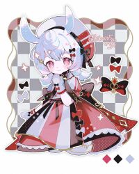 1girl :3 animal_ears artist_name beret biko0205 black_bow black_dress blue_hair blush bow checkered_background closed_mouth commentary_request crossed_bangs dress eyelashes genshin_impact gloves gradient_hair hair_between_eyes hair_bow hair_ornament hand_up hat hat_bow highres looking_at_viewer low_twintails medium_hair multicolored_dress multicolored_hair outline pom_pom_(clothes) pom_pom_hair_ornament puffy_short_sleeves puffy_sleeves purple_hair red_bow red_dress red_eyes red_hat short_sleeves sidelocks sigewinne_(genshin_impact) smile solo sparkle twintails twitter_username white_background white_bow white_dress white_gloves white_hat white_outline