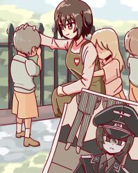 1boy 2girls absurdres black_cat03 brown_eyes brown_footwear brown_hair closed_mouth collared_shirt dress execution faceless faceless_female germany_oneesan_(meme) girls_und_panzer green_dress hanged hat highres implied_death long_sleeves meme military_hat military_uniform multiple_girls nazi necktie nishizumi_maho photo_(object) reichsadler shirt short_hair shorts socks waffen-ss white_socks