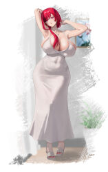 1girl absurdres adjusting_hair arm_behind_head armpits arms_up bare_shoulders blush breasts collarbone covered_erect_nipples covered_navel curtains dress earrings eyelashes feet full_body grey_dress grey_sandals grey_shirt hair_over_shoulder highres hongryeon_(last_origin) huge_breasts impossible_clothes impossible_dress indoors jewelry knees_together_feet_apart last_origin long_hair looking_at_viewer mole mole_under_eye nail_polish necklace parted_bangs parted_lips pink_eyes plant potted_plant puffy_nipples red_hair red_nails rozwel sandals see-through_clothes shirt skindentation solo standing swept_bangs tiptoes toenail_polish toenails toes wide_hips