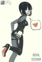 Rule 34 | 1girl, artist name, ass, black-framed eyewear, black bodysuit, black eyes, black hair, black shoes, bodysuit, chikuwa fan973, covered erect nipples, glasses, hands on own ass, high heels, highres, open mouth, original, semi-rimless eyewear, sharp teeth, shoes, short hair, solo, speech bubble, teeth, under-rim eyewear, upper teeth only