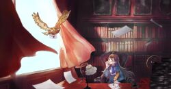 1girl adjusting_eyewear ahoge armchair bird blue_bow blue_bowtie blue_dress book book_stack bookshelf bow bowtie braid brown_hair chair cuff_links curtains desk_lamp dress eyewear_strap flying_paper glasses gloves half_up_braid holding holding_letter holding_quill inkwell juliet_sleeves lamp letter lips long_hair long_sleeves looking_at_animal looking_to_the_side looking_up mole mole_under_mouth num_(zombie_headline) open_window original owl paper parted_lips picture_frame portrait_(object) puffy_sleeves quill shirt short_bangs solo table upper_body white_gloves white_shirt wind window writing