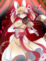 Rule 34 | 1girl, animal ears, bow (music), brown eyes, brown hair, cat ears, cat girl, cat tail, choker, dress, elbow gloves, extra ears, gloves, highres, instrument, kemono friends, kemono friends v project, kiryu (rnrwbhybsxj4qgk), large-spotted genet (kemono friends), long hair, looking at viewer, red background, ribbon, simple background, solo, tail, twintails, violin, virtual youtuber