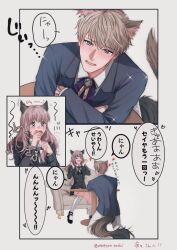 &gt;_&lt; 1boy 1girl animal_ears ascot black_jacket black_shoes black_skirt blue_ascot blue_eyes blush breasts brown_hair cat_boy cat_ears cat_girl cat_tail collared_shirt crossed_arms fangs grey_hair hair_between_eyes jacket kemonomimi_mode kneeling long_hair looking_at_another love_and_deepspace mary_janes medium_breasts pants pleated_skirt protagonist_(love_and_deepspace) purple_eyes shirt shoes short_hair sitting skirt socks sparkle table tail white_background white_pants white_shirt white_socks xavier_(love_and_deepspace) yuu_crazy_doll_sae
