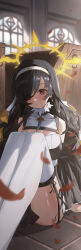 1girl absurdres black_hair blue_archive blush breasts cleavage hair_over_one_eye hairband halo highres hinata_(blue_archive) large_breasts long_hair looking_at_viewer nun on_ground red_eyes sitting smile solo sweetcho thighhighs white_thighhighs yellow_halo