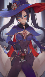 1boy 1girl absurdres aqua_eyes black_choker black_hair blush breasts choker clothed_female_nude_male drelouder genshin_impact hat hetero highres jewelry looking_at_viewer medium_breasts mona_(genshin_impact) nude pantyhose thigh_sex thighlet thighs twintails witch_hat