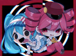 2girls all_fours alternate_costume apron black_eyes black_necktie black_shoes blue_dress blue_hair blue_hat blush bow buttons chibi chibi_only collared_shirt diagonal-striped_bow double-breasted dress drill_hair full_body grey_socks hair_between_eyes hand_up hashtag-only_commentary hat hat_bow hatsune_miku help_(american_sign_language) highres kasane_teto kepi long_hair looking_at_another looking_at_viewer mesmerizer_(vocaloid) military_hat multiple_girls necktie open_mouth pants pinstripe_dress pinstripe_hat pinstripe_pattern red_bow red_eyes red_hat red_pants sharp_teeth shirt shoes short_sleeves sitting sleeves_rolled_up socks striped_clothes striped_socks sweat teeth thumbs_up tongue tongue_out twin_drills twintails utau very_long_hair vocaloid waist_apron white_apron white_bow white_socks white_wrist_cuffs wing_collar wrist_cuffs yuni_(irohasuiroiro)