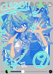 1girl alternate_color alternate_hair_color alternate_wing_color arm_up blue_background blue_dress blue_eyes blue_ribbon bright_pupils cirno cirno_day dotted_background dress english_text flower green_hair green_wings grey_background hair_between_eyes hair_over_eyes hand_up ibispaint_(medium) ice ice_wings looking_at_viewer open_mouth outstretched_hand plant plus_sign raisutea ribbon short_hair short_sleeves sidelocks signature simple_background solo star_(symbol) sunflower tan touhou v-shaped_eyebrows vines white_background white_pupils white_sleeves wings