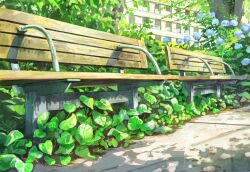 Rule 34 | bench, blue flower, building, commentary, dappled sunlight, day, flower, highres, no humans, original, outdoors, plant, sanegesan, scenery, shadow, sunlight, tree