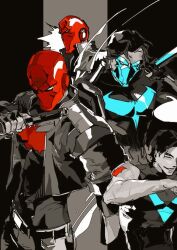 bat_signal batman_(series) batman_symbol black_bodysuit black_gloves black_hair bodysuit brothers brown_jacket dc_comics dick_grayson gloves grey_bodysuit guoba7777 jacket jason_todd male_focus mask multiple_boys muscular muscular_male nightwing open_clothes pants red_hood_(dc) red_mask short_hair siblings superhero_costume taut_bodysuit two-tone_bodysuit