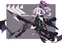 1girl ahoge armband belt black_boots black_coat black_gloves black_skirt black_thighhighs blue_archive boots coat coat_on_shoulders commentary_request crossed_legs demon_girl demon_horns demon_wings forehead full_body fur-trimmed_coat fur_trim gloves gun hair_ornament hairclip halo highres hina_(blue_archive) horns knee_boots long_hair long_sleeves looking_at_viewer machine_gun mg42 military military_uniform open_clothes open_coat parted_bangs parted_lips pencil_skirt ponytail sam_browne_belt shoulder_belt side_slit sidelocks simple_background sitting skirt solo thighhighs usamimi_(usamimiok) weapon wings zettai_ryouiki
