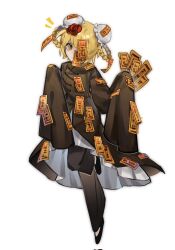 1girl black_pants black_shoes blonde_hair brown_coat coat don_quixote_(project_moon) double_bun e.g.o_(project_moon) flower full_body hair_bun highres limbus_company looking_at_viewer pants project_moon red_flower red_rose red_sheet_(e.g.o) roier rose shoes short_hair simple_background sleeves_past_fingers sleeves_past_wrists solo standing talisman white_background yellow_eyes