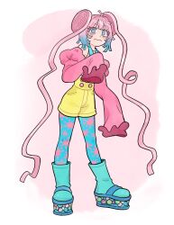 1girl 3: absurdres blue_hair blue_pantyhose blush boots chewing_gum doodlelotl gradient_hair hatsune_miku highres long_sleeves looking_at_viewer multicolored_eyes multicolored_hair pantyhose pink_hair pink_sleeves platform_boots platform_footwear shorts solo twintails two-tone_eyes vocaloid yellow_shorts