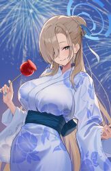 1girl absurdres aerial_fireworks asuna_(blue_archive) blue_archive blue_eyes blue_kimono blue_nails breasts brown_hair candy_apple festival fireworks food hair_bun highres holding holding_candy_apple holding_food huge_breasts japanese_clothes kimono long_hair looking_at_viewer obi ojisan_kamo_shiremasen outdoors sash smile solo summer_festival very_long_hair yukata