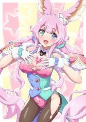 Rule 34 | 1girl, animal ears, aqua vest, between breasts, blue eyes, breasts, collar, ear ornament, fur-trimmed gloves, fur trim, gem, glove bow, gloves, green eyes, green vest, groin, hair flaps, hair ornament, hair scrunchie, heterochromia, highres, hip vent, kururu (princess connect!), large breasts, leotard, looking at viewer, low twintails, open mouth, pink hair, pink leotard, princess connect!, rabbit ears, rabbit girl, rabbit tail, red gemstone, scrunchie, sidelocks, solo, tail, twintails, two-tone vest, vest, white collar, white gloves, white tail, yosuzu