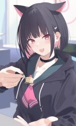 Rule 34 | 1girl, :d, animal ears, black choker, black hair, black hoodie, blue archive, blunt bangs, blunt ends, blurry, blurry background, blush, bob cut, cake, cake slice, cat choker, cat ears, cat girl, choker, collarbone, colored inner hair, commentary request, extra ears, food, green sailor collar, hair ornament, hairclip, halo, hand up, happy, highres, holding, holding spoon, hood, hood down, hoodie, incoming food, indoors, kazusa (blue archive), kimuratamashi, long sleeves, looking at viewer, multicolored hair, open mouth, pink hair, pink halo, raised inner eyebrows, red eyes, sailor collar, school uniform, serafuku, short hair, smile, solo, spoon, straight hair, teeth, two-tone hair, upper body, upper teeth only