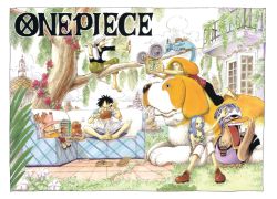 1girl 2000 4boys bespectacled bird black_hair black_shirt blue_hair book color_spread couch cover cover_page denim denim_shorts dog duck eating flower food glasses goggles hat karoo_(one_piece) long_hair meat monkey_d._luffy multiple_boys nefertari_vivi oda_eiichirou official_art one_piece outdoors pink_hat polka_dot polka_dot_shirt roronoa_zoro shirt shorts sitting tony_tony_chopper tree usopp weights