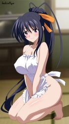 1girl absurdres apron bare_shoulders between_legs blue_hair blurry blurry_background blush bow breasts cleavage covered_erect_nipples hair_bow hair_ornament hand_between_legs high_school_dxd highres himejima_akeno indexxryo indoors large_breasts long_hair looking_at_viewer naked_apron pink_eyes ponytail sitting smile solo very_long_hair wariza