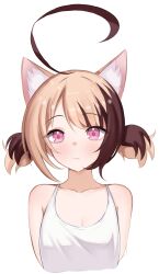 1girl ahoge animal_ear_fluff animal_ears blonde_hair brown_hair camisole cat_ears closed_mouth commentary gigi_murin highres hololive hololive_english huge_ahoge kemonomimi_mode looking_at_viewer multicolored_hair panpanmc4 pink_eyes short_hair short_twintails simple_background solo spaghetti_strap twintails two-tone_hair virtual_youtuber white_background white_camisole