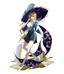 Rule 34 | 1girl, absurdres, black shorts, blonde hair, blue jacket, breasts, closed mouth, commentary, cosplay, full body, fumaru22, gap (touhou), hair between eyes, half mask, highres, holding, holding umbrella, jacket, large breasts, light smile, long hair, looking at viewer, mask, mouth mask, pink slippers, sans (undertale), sans (undertale) (cosplay), shirt, shirt tucked in, short sleeves, shorts, skull mask, slippers, socks, solo, standing, symbol-only commentary, touhou, touhou danmaku kagura, umbrella, undertale, variant set, white background, white shirt, white socks, yakumo yukari, yellow eyes
