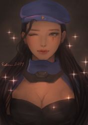 1girl 2019 absurdres aged_down ana_(overwatch) beret black_hair breasts brown_eyes captain_amari cleavage cleavage_cutout clothing_cutout dark-skinned_female dark_skin eden_(edensarcade) eye_of_horus eyelashes facial_tattoo facing_viewer female_focus hat highres lips lipstick long_hair looking_at_viewer makeup medium_breasts nose official_alternate_costume one_eye_closed overwatch overwatch_1 signature solo sparkle straight_hair tattoo uniform
