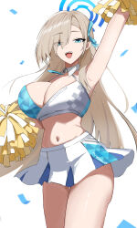 1girl absurdres asuna_(blue_archive) blonde_hair blue_archive blue_eyes blue_halo breasts cheerleader cleavage crop_top halo highres holding holding_pom_poms kuriball large_breasts long_hair midriff millennium_cheerleader_outfit_(blue_archive) navel pom_pom_(cheerleading) pom_poms simple_background solo thighs very_long_hair white_background