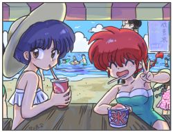 3girls beach blue_hair braid brown_eyes closed_eyes drinking_straw genderswap genderswap_(mtf) hay multiple_girls ocean ranma-chan ranma_1/2 red_hair sand saotome_ranma single_braid table tendou_akane wanta_(futoshi) water