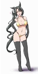 1girl animal_ears bikini black_gloves black_hair black_thighhighs breasts cleavage deno_(denomina0) elbow_gloves full_body gloves gold_bikini green_eyes hand_on_own_hip highres horse_ears horse_girl horse_tail large_breasts long_hair looking_at_viewer satono_crown_(umamusume) shadow side_ponytail simple_background solo standing swimsuit tail thighhighs umamusume white_background