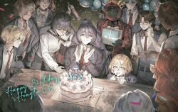 1other 6+boys 6+girls aqua_eyes balloon birthday birthday_cake black_eyes black_hair black_jacket black_vest blonde_hair brown_eyes brown_hair cake cindymeimezu clock coat collared_shirt dante_(devil_may_cry) don_quixote_(project_moon) faust_(project_moon) food gift glasses gregor_(project_moon) grey_hair happy_birthday heathcliff_(project_moon) heterochromia highres holding holding_gift hong_lu_(project_moon) ishmael_(project_moon) jacket limbus_company meursault_(project_moon) multiple_boys multiple_girls necktie object_head orange_hair outis_(project_moon) project_moon red_coat red_necktie rodion_(project_moon) ryoshu_(project_moon) shirt sinclair_(project_moon) vest white_shirt yellow_eyes yi_sang_(project_moon)