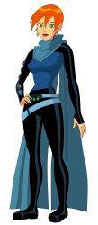 absurdres belt ben_10 black_bodysuit blue_bodysuit bodysuit boots breasts cloak combat_boots earrings gwen_tennyson gwen_tennyson_(future) highres hood hooded_cloak hoop_earrings impossible_bodysuit impossible_clothes jewelry lips multiple_belts pixie_cut red_hair short_hair skin_tight spandex third-party_edit two-tone_bodysuit very_short_hair