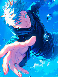 absurdres black_jacket black_pants black_sleeves blue_eyes blue_sky cloud cloudy_sky cowboy_shot eyes_visible_through_hair fingernails gojou_satoru hair_over_one_eye highres jacket jujutsu_kaisen jujutsu_tech_uniform long_sleeves looking_at_viewer pants parted_lips shibakawaiiii short_hair sky smile splashing teeth water_drop white_hair