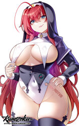 1girl ahoge black_thighhighs blue_eyes breast_curtains breasts commentary covered_erect_nipples covered_navel english_commentary hair_between_eyes hand_on_own_hip high_school_dxd highleg highres hot_vr huge_ahoge large_breasts long_hair nun red_hair rias_gremory smile solo thighhighs white_background wide_hips wimple
