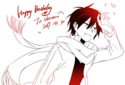 1boy aaniko arm_up character_name commentary_request dated ff_gradient fringe_trim hair_between_eyes hand_on_own_head happy_birthday jacket kagerou_project kisaragi_shintarou long_sleeves looking_ahead male_focus monochrome open_clothes open_jacket open_mouth scarf shirt short_hair simple_background smile solo t-shirt track_jacket upper_body white_background wind
