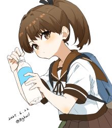 Rule 34 | 1girl, absurdres, backpack, bag, bigkwl, blush, bottle, brown eyes, brown hair, brown neckerchief, brown sailor collar, brown skirt, dated, hair ribbon, highres, kantai collection, looking at viewer, neckerchief, one-hour drawing challenge, pleated skirt, ponytail, ribbon, sailor collar, school uniform, serafuku, shikinami (kancolle), short hair, short sleeves, simple background, skirt, smile, solo, twitter username, water bottle, white background