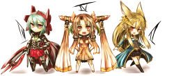 blonde_hair blush chibi green_hair grin hand_on_own_hip hands_on_own_hips highres kotoba_noriaki long_hair looking_at_viewer open_mouth original pixiv_fantasia pixiv_fantasia_2 pixiv_fantasia_3 pixiv_fantasia_4 ratkia_marhault red_eyes shigunarute short_hair simple_background smile souryuu_armonica weapon white_background