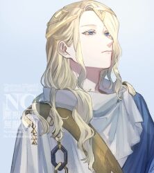 1boy 6_(reverse:1999) ancient_greek_clothes blonde_hair blue_background blue_eyes circlet greco-roman_clothes highres himation long_hair looking_up male_focus moon8_8sun reverse:1999 solo twitter_username upper_body watermark