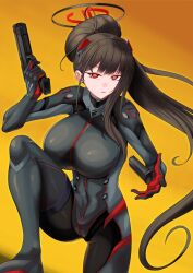 1girl black_hair blue_archive bodysuit breasts covered_navel gun halo handgun highres holding holding_gun holding_weapon large_breasts long_hair looking_at_viewer magazine_(weapon) mononoke_(pixiv53597254) ponytail red_eyes ringed_eyes rio_(blue_archive) rio_(bodysuit)_(blue_archive) solo very_long_hair weapon