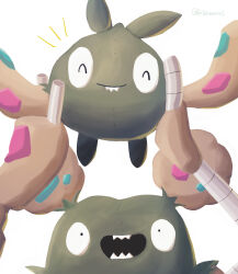 absurdres arms_up closed_eyes closed_mouth commentary_request evolutionary_line garbodor gen_5_pokemon highres holding holding_pokemon nintendo notice_lines open_mouth poipoisonous pokemon pokemon_(creature) sharp_teeth simple_background smile teeth trubbish white_background