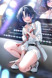 1girl ;d black_collar black_nails blue_eyeshadow blue_hair blurry blurry_background blush chain chain_necklace collar commentary concert cross-laced_footwear earpiece eyeshadow fishnet_socks fishnets flat_chest full_body glint glowstick highres hiodoshi_ao hiodoshi_ao_(regloss_uniform) hololive hololive_dev_is jacket jewelry kneeling looking_at_viewer makeup microphone mole mole_under_mouth nail_polish necklace official_alternate_costume on_one_knee one_eye_closed open_clothes open_jacket open_mouth parted_bangs ponytail ring shirt shoes short_hair short_ponytail short_shorts shorts signature smile socks solo stage stage_lights thighs torn_clothes torn_shorts twitter_username virtual_youtuber white_jacket white_shirt white_shoes white_shorts yuuyu_(moco20111115)