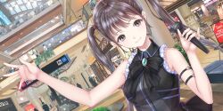 Rule 34 | 1girl, 6+others, aqua brooch, aqua gemstone, arm up, azumi nanaka, bare shoulders, black bow, black dress, blue reflection (series), blue reflection sun, bow, breasts, brown eyes, brown hair, ceiling light, closed mouth, dress, dutch angle, game cg, gem, hanging plant, highres, holding, holding microphone, indoors, ivy, kishida mel, long hair, looking at viewer, mall, medium breasts, microphone, multiple others, non-web source, o-ring arm strap, official art, pinky out, plant, potted plant, railing, sidelocks, sign, skylight, sleeveless, sleeveless dress, smile, solo focus, swept bangs, twintails, upper body, very long hair