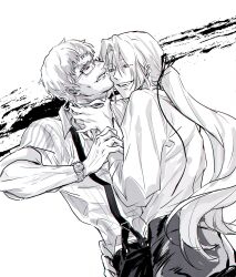 2boys antonio_salieri_(fate) beard_stubble borrowed_design chromatic_aberration collared_shirt cowboy_shot facial_hair fate/grand_order fate_(series) fog_fgo glasses green_eyes greyscale hair_ribbon hand_on_another&#039;s_waist hand_on_another&#039;s_wrist heterochromia highres holding_another&#039;s_wrist long_hair long_sleeves looking_at_another low_ponytail male_focus monochrome multiple_boys open_collar open_mouth pants ponytail rectangular_eyewear red_eyes ribbon shirt short_hair simple_background smile spot_color strangling striped_clothes striped_shirt stubble suspenders very_long_hair watch wing_collar wolfgang_amadeus_mozart_(fate) wristwatch yaoi