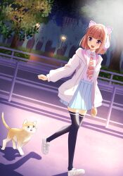 Rule 34 | 1girl, animal ear headphones, animal ears, black thighhighs, blunt bangs, blunt ends, bob cut, brown hair, cat, cat ear headphones, collared shirt, commentary request, diagonal-striped clothes, diagonal-striped necktie, dress shirt, fake animal ears, full body, headphones, highres, hood, hooded jacket, ikizulive! love live! bluebird, jacket, long sleeves, love live!, necktie, night, open clothes, open jacket, orange necktie, outdoors, purple eyes, qy73, sasaki shion, school uniform, shirt, shoes, short hair, sneakers, solo, striped clothes, thighhighs, walking, white jacket, white shirt, white shoes, zettai ryouiki