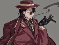 1boy black_hair black_shirt blue_eyes cigar coat collared_shirt curly_hair fedora gold_trim grey_background hair_over_one_eye hat highres holding holding_cigar jacket jacket_on_shoulders kkolo432271 limbus_company meursault_(project_moon) project_moon red_coat shirt short_hair smoking solo striped_clothes sunglasses thumb_(identity)_(project_moon) upper_body