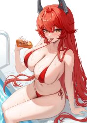 Rule 34 | 1girl, absurdres, bikini, black horns, blush, breasts, cleavage, collarbone, crossed bangs, feet out of frame, from side, goddess of victory: nikke, heine (haloo1101), highres, holding, horns, large breasts, long hair, looking at viewer, navel, open mouth, pool, red hair, red hood (nikke), side-tie bikini bottom, sideboob, sitting, swimsuit, thighs, tongue, tongue out, very long hair, water, yellow eyes