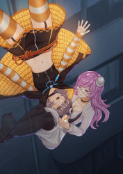 Rule 34 | 2girls, ahoge, belt, binary, black choker, black cloak, black footwear, black shirt, black skirt, black tube top, boots, breasts, building, checkered clothes, checkered skirt, chest tattoo, choker, circuit board, cleavage, cloak, closed mouth, crazy eyes, crop top, detached sleeves, eyes visible through hair, falling, feet out of frame, garter straps, glasses, goggles, goggles on head, grey hair, hand on another&#039;s head, hat, head on another&#039;s stomach, highres, hood, hooded cloak, jacket, kazari jun, layered skirt, legs apart, legs together, long hair, long sleeves, looking afar, looking ahead, looking at another, magia record: mahou shoujo madoka magica gaiden, magical girl, mahou shoujo madoka magica, midriff, midriff peek, mini hat, miniskirt, miwa mitsune, multiple girls, nanakamado, navel, neon trim, open mouth, orange cloak, orange eyes, orange legwear, orange skirt, orange sleeves, outdoors, outstretched arms, pink eyes, pink hair, see-through clothes, see-through skirt, shirt, short hair, sidelocks, skirt, strapless, striped clothes, striped legwear, striped sleeves, striped thighhighs, swept bangs, tattoo, thigh boots, thighhighs, translucent, tube, tube top, two-sided cloak, two-sided fabric, two-tone crop top, upside-down, wavy hair, white headwear, white jacket, white shirt, worried